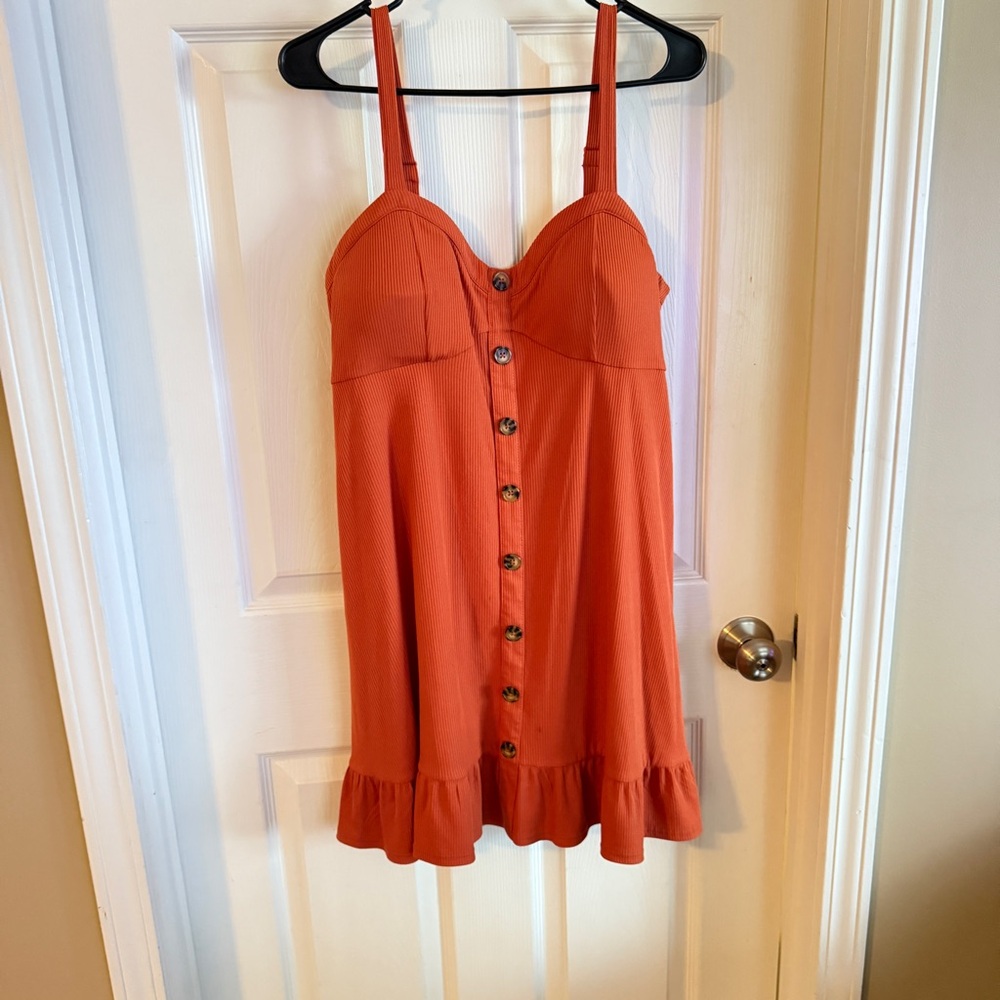 Rust Orange Button-Front Ruffle-Hem Dress – XL (15–17)